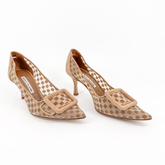 Manolo Blahnik Shoes - Manolo Blahnik Maysale Buckle Pump EU 38 US 8 Beige Checkered Mesh Pointed Heels